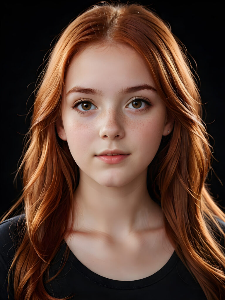 a (((realistically teenage girl, 15 years old))) with highly detailed, expressive eyes and a beautifully drawn face, framed by (((soft, flowing straight red hair))), illuminated by (cinematic, highlights) in a (close-up shot), exuding an air of innocent, wholesomeness, perfect shadow and light, ((black background))