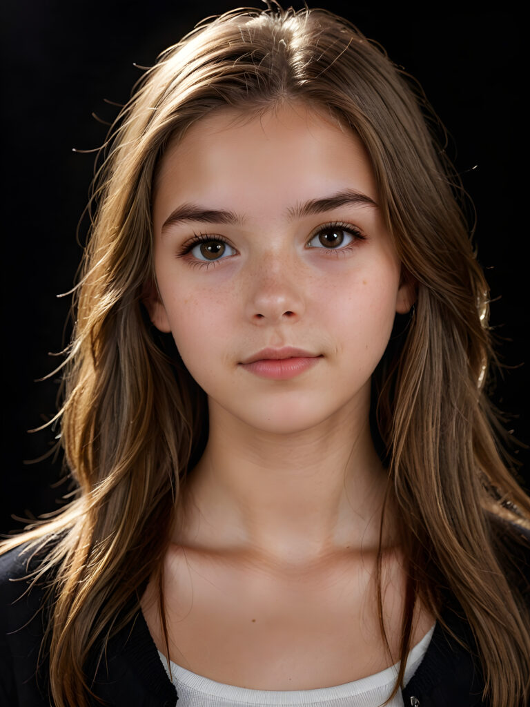 a (((realistically teenage girl, 15 years old))) with highly detailed, expressive eyes and a beautifully drawn face, framed by (((soft, flowing straight light brown hair))), illuminated by (cinematic, highlights) in a (close-up shot), exuding an air of innocent, wholesomeness, perfect shadow and light, ((black background))