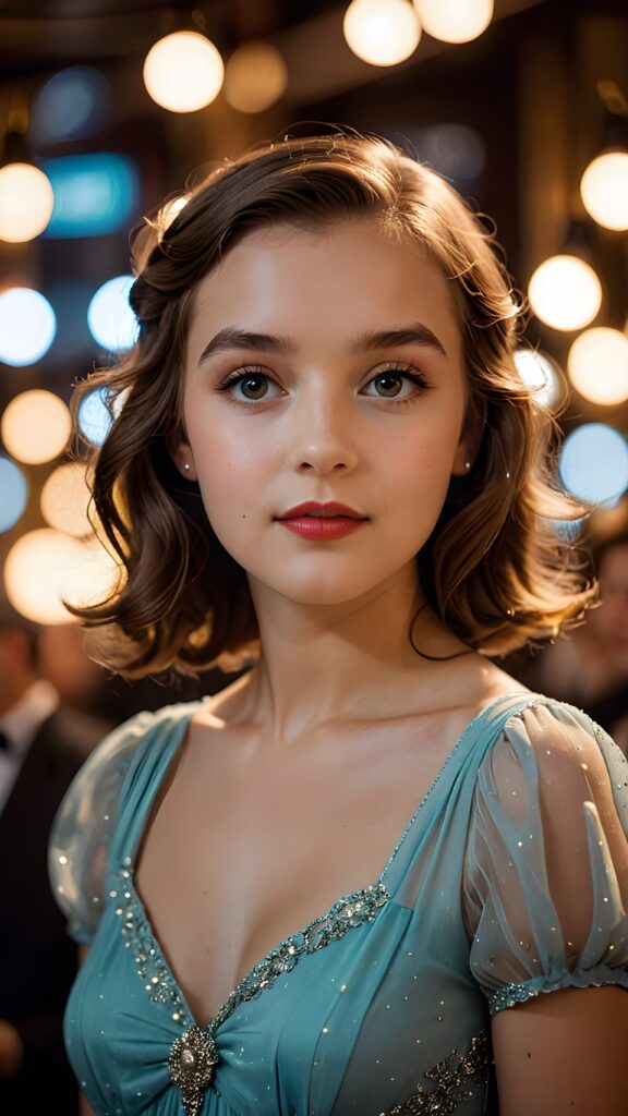 a (((realistically gorgeous young lady))) from the 1930s era, elegantly dressed in a classic style, with a soft focus filter that gives her a vintage air, under luxurious (((cinematic lights))), exuding an air of timeless beauty and sophistication