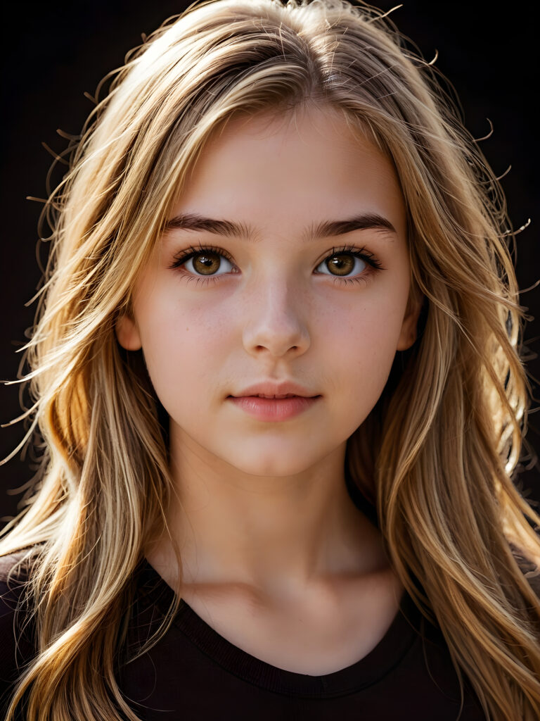 a (((realistically teenage girl, 15 years old))) with highly detailed, expressive eyes and a beautifully drawn face, framed by (((soft, flowing straight brown blonde hair))), illuminated by (cinematic, highlights) in a (close-up shot), exuding an air of innocent, wholesomeness, perfect shadow and light, ((black background))