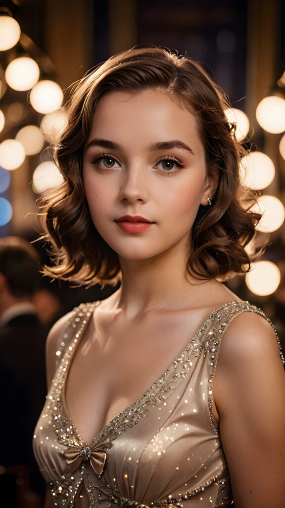 a (((realistically gorgeous young lady))) from the 1930s era, elegantly dressed in a classic style, with a soft focus filter that gives her a vintage air, under luxurious (((cinematic lights))), exuding an air of timeless beauty and sophistication