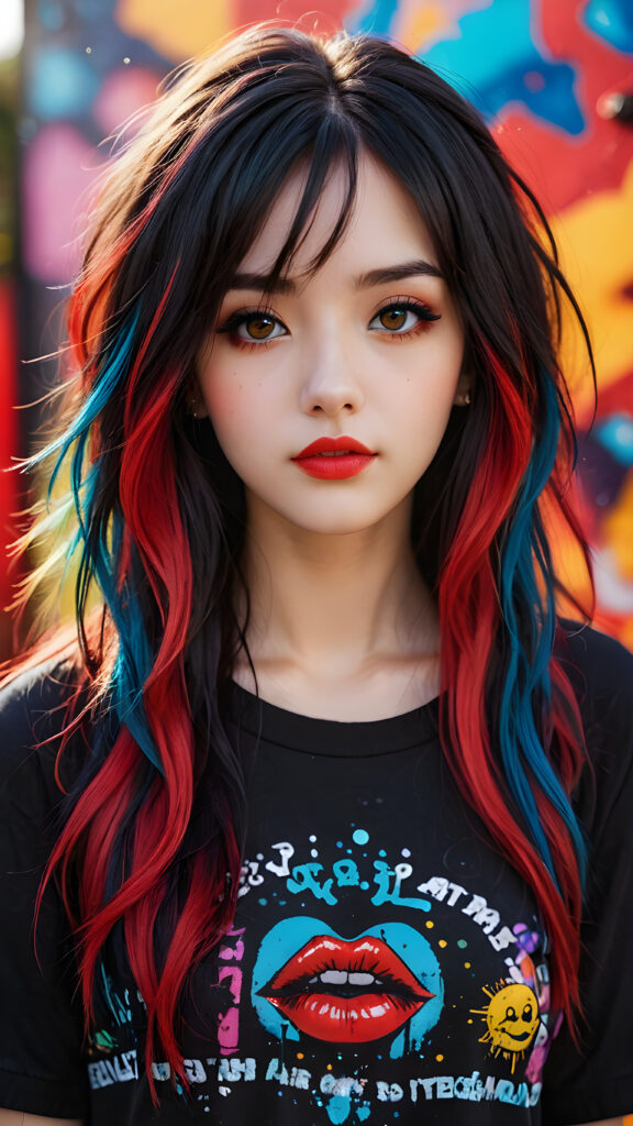 a (((realistically modelled, highly detailed))) (((close-up portrait))), with ((skin complexion)), (((straight hair))), and (((red lips))), capturing a (((cute emo girl aesthetic))) with a (((super long, messy, big hair))), framed by a (((vividly colorful, highly detailed backdrop))) that gives off a (((sunny, psychedelic glow))), suggestive of a (dreamy, cloudy, romantic setting)