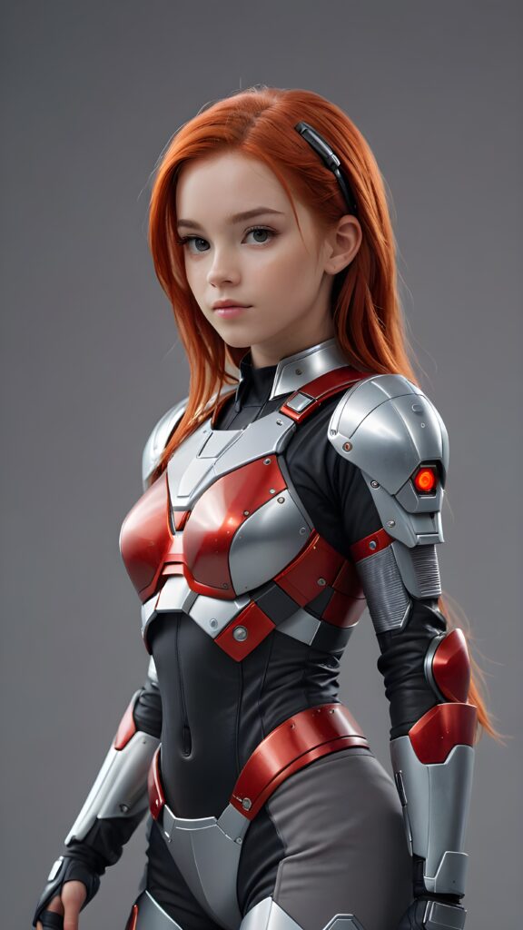 a (((sci-fi teen girl))) sleek, and softly shining (((straight red hair))), poised in a graceful pose, dressed in futuristic short armor that complements her form, standing against a (((gray backdrop)))