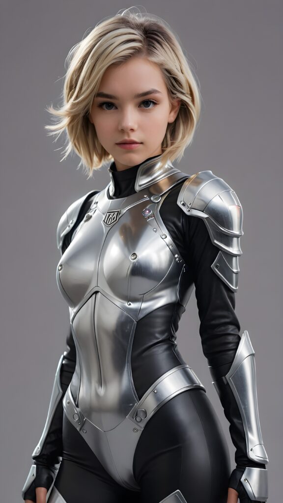 a (((sci-fi teen girl))) sleek, and softly shining (((pretty flaxen shag hair))), poised in a graceful pose, dressed in ((futuristic short silver armor)) that complements her form, standing against a (((gray backdrop))) ((stunning)) ((gorgeous)) ((perfect shadow and light))