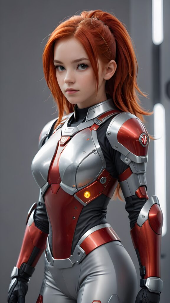 a (((sci-fi teen girl))) sleek, and softly shining (((straight red hair))), poised in a graceful pose, dressed in futuristic short armor that complements her form, standing against a (((gray backdrop)))