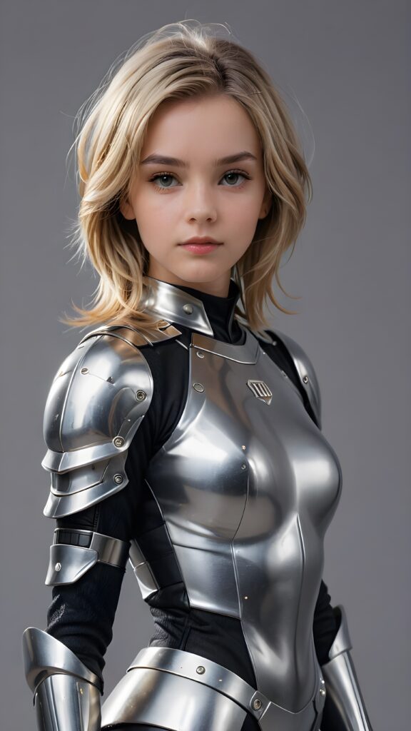 a (((sci-fi teen girl))) sleek, and softly shining (((pretty flaxen shag hair))), poised in a graceful pose, dressed in ((futuristic short silver armor)) that complements her form, standing against a (((gray backdrop))) ((stunning)) ((gorgeous)) ((perfect shadow and light))