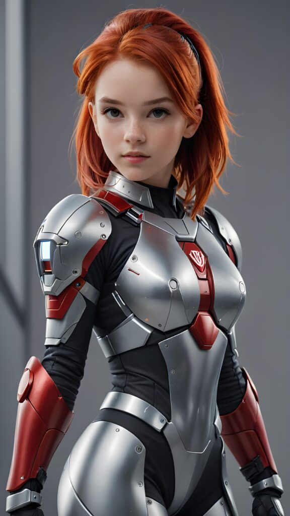 a (((sci-fi teen girl))) sleek, and softly shining (((straight red hair))), poised in a graceful pose, dressed in futuristic short armor that complements her form, standing against a (((gray backdrop)))