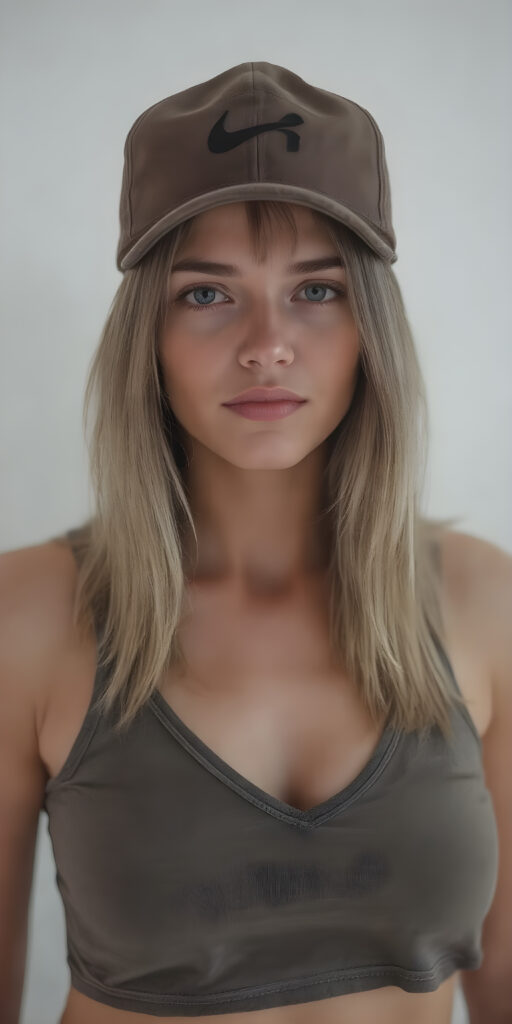 a skater girl wearing a baseball cap, full body shot, straight soft hair, short cropped tank top in camouflage, deep v-neck, fit body, detailed and realistic, white backdrop