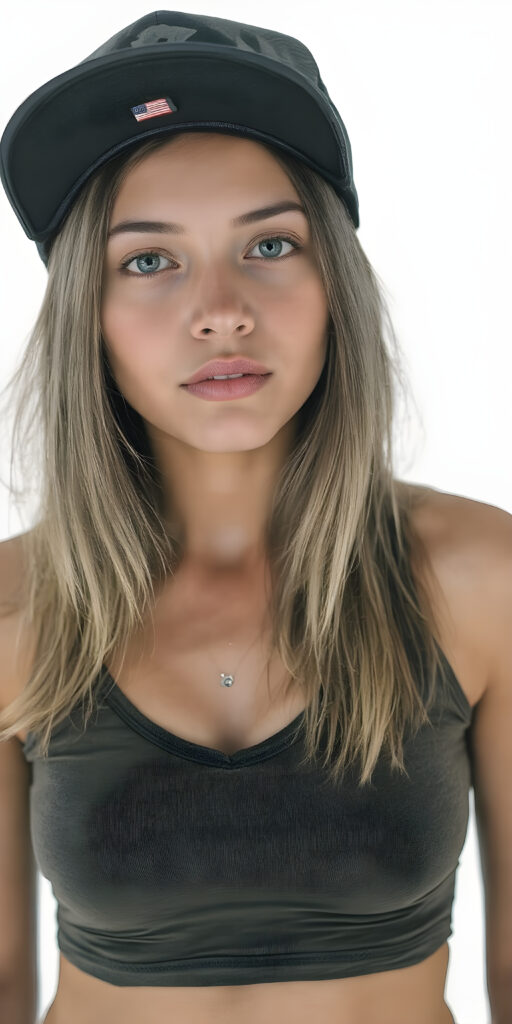 a skater girl wearing a baseball cap, full body shot, straight soft hair, short cropped tank top in camouflage, deep v-neck, fit body, detailed and realistic, white backdrop