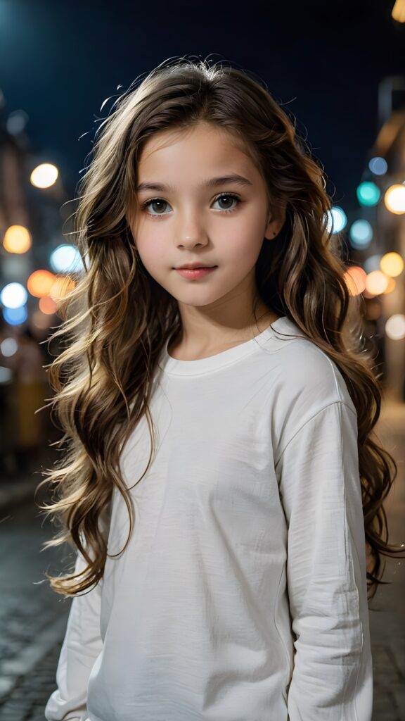 a (((small, young girl, 13 years old))), her hair in (((long, wavy locks))), with dark, striking eyes, exuding an air of innocence and cuteness, she wears a long, thin t-shirt, her features are sharply defined, with full lips and an ethereal beauty reflective of an angelic visage, against a dark backdrop in the night