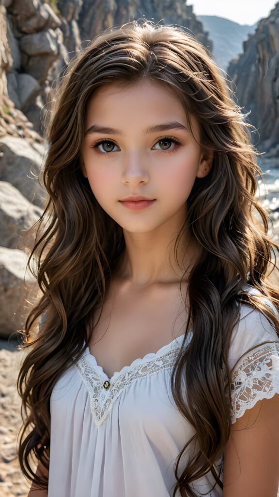 a (((small, young girl, 13 years old))), her hair in (((long, wavy locks))), with dark, striking eyes, exuding an air of innocence and cuteness. Her features are sharply defined, with full lips and an ethereal beauty reflective of an angelic visage. In the background, a (quarry) with its distinctive contours and stone walls provides a beautifully contrasting backdrop