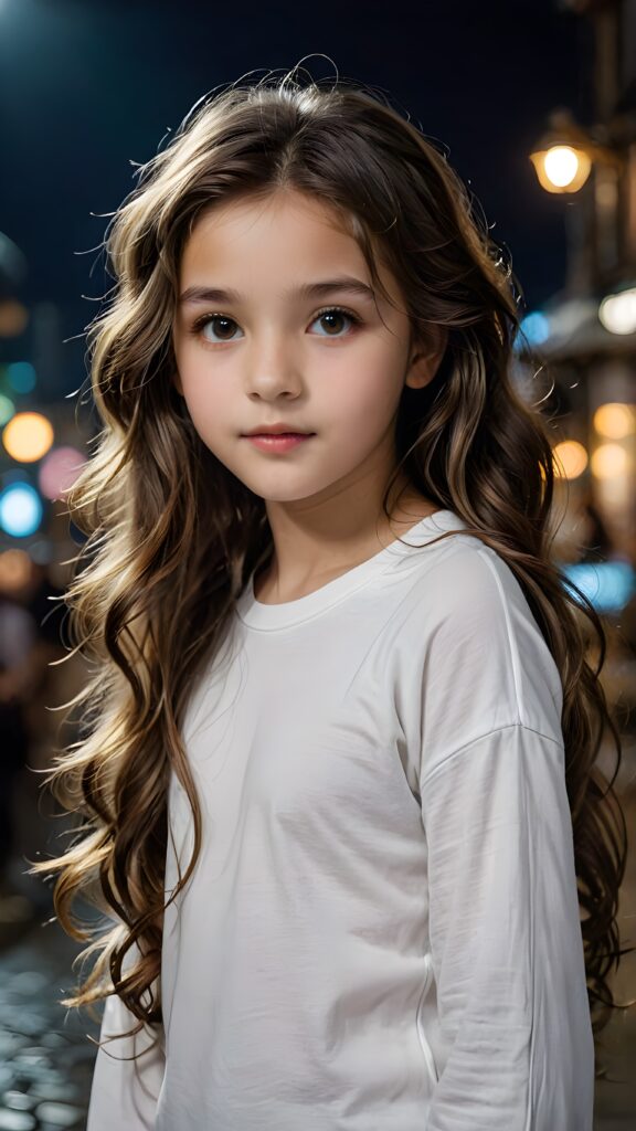 a (((small, young girl, 13 years old))), her hair in (((long, wavy locks))), with dark, striking eyes, exuding an air of innocence and cuteness, she wears a long, thin t-shirt, her features are sharply defined, with full lips and an ethereal beauty reflective of an angelic visage, against a dark backdrop in the night