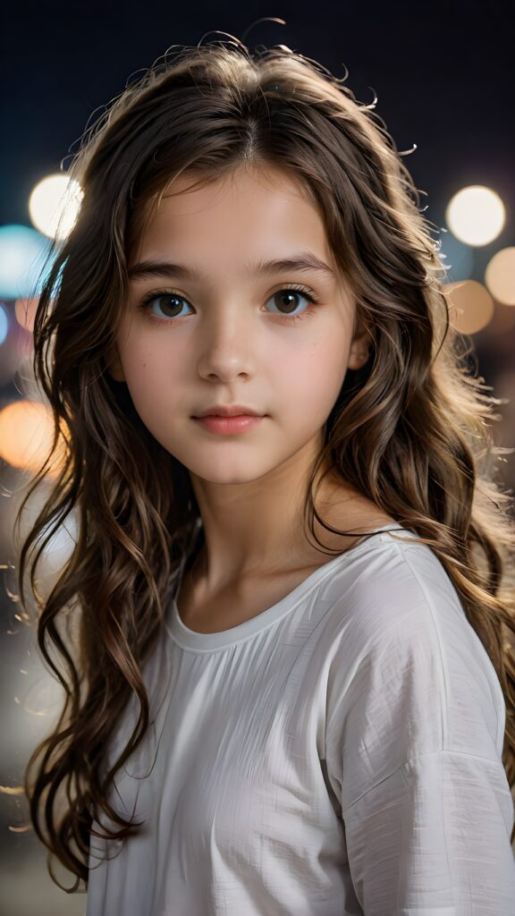 a (((small, young girl, 13 years old))), her hair in (((long, wavy locks))), with dark, striking eyes, exuding an air of innocence and cuteness, she wears a long, thin t-shirt, her features are sharply defined, with full lips and an ethereal beauty reflective of an angelic visage, against a dark backdrop in the night