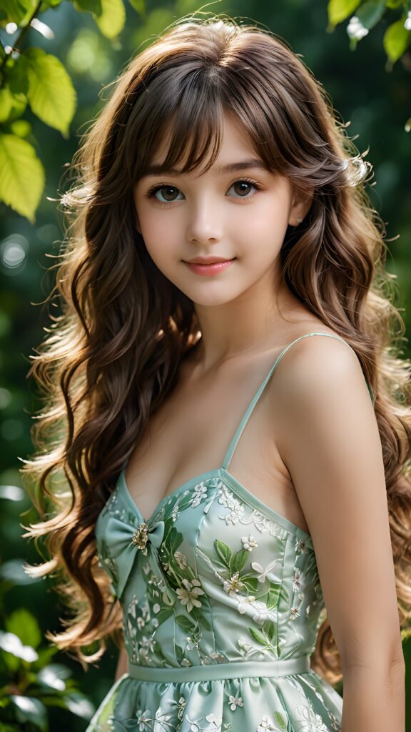 a (((small, young girl, 13 years old))), perfect body, her hair in (((long, wavy locks, bangs cut))), with dark, striking eyes, exuding an air of innocence and cuteness, smile, joy, she wears a thin floral spaghetti sleeveless dress, her features are sharply defined, with full lips and an ethereal beauty reflective of an angelic visage, against a green natural backdrop