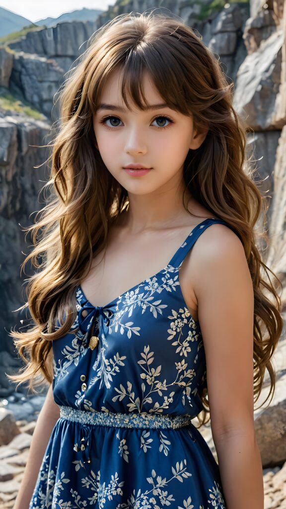 a (((small, young girl, 13 years old))), perfect body, her hair in (((long, wavy locks, bangs cut))), with dark, striking eyes, exuding an air of innocence and cuteness, she wears a blue floral sleeveless dress, her features are sharply defined, with full lips and an ethereal beauty reflective of an angelic visage. In the background, a (quarry) with its distinctive contours and stone walls provides a beautifully contrasting backdrop