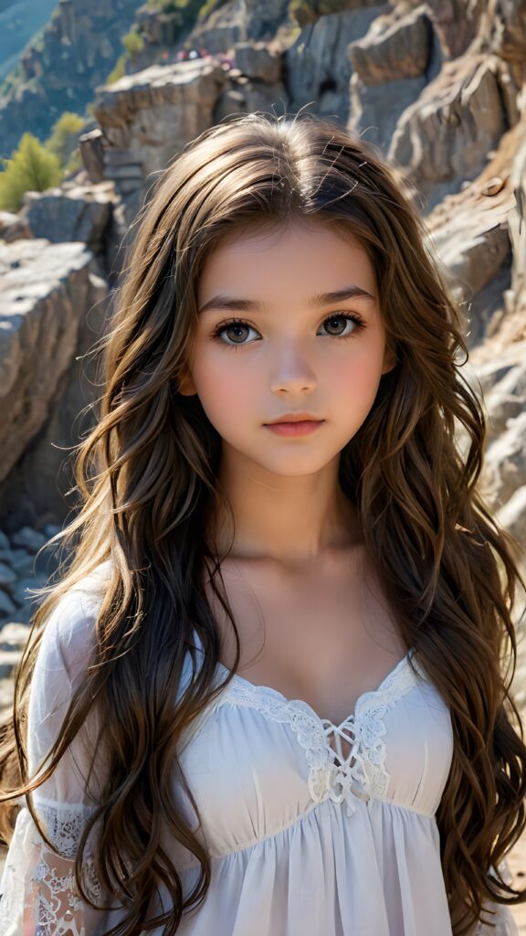 a (((small, young girl, 13 years old))), her hair in (((long, wavy locks))), with dark, striking eyes, exuding an air of innocence and cuteness. Her features are sharply defined, with full lips and an ethereal beauty reflective of an angelic visage. In the background, a (quarry) with its distinctive contours and stone walls provides a beautifully contrasting backdrop