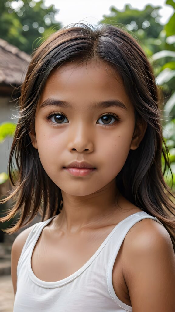 a (((small, young Indonesian girl, 13 years old))), with dark, striking eyes, exuding an air of innocence and cuteness, long hair, she wears a short white tank top, her features are sharply defined, with full lips