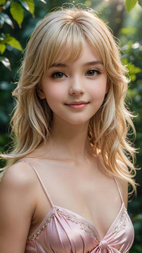 a (((small, young girl, 13 years old))), perfect body, her hair in (((long, jet soft blond hair, bangs cut))), with dark, striking eyes, exuding an air of innocence and cuteness, smile, joy, ((she wears a thin pink spaghetti sleeveless dress)), her features are sharply defined, with full lips and an ethereal beauty reflective of an angelic visage, against a green natural backdrop