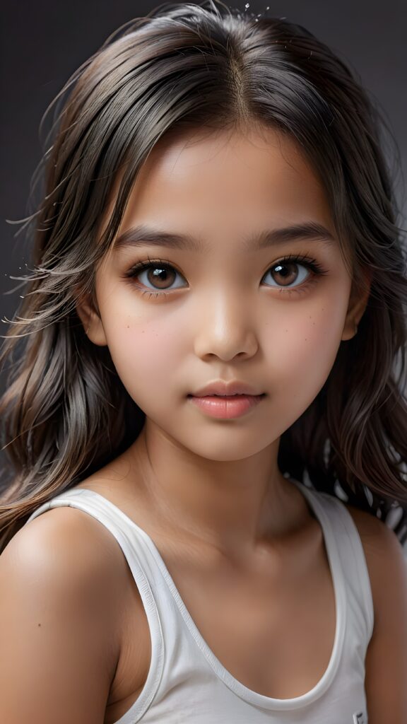 a (((small, young Indonesian girl, 13 years old))), with dark, striking eyes, exuding an air of innocence and cuteness, long hair, she wears a short white tank top, her features are sharply defined, with full lips