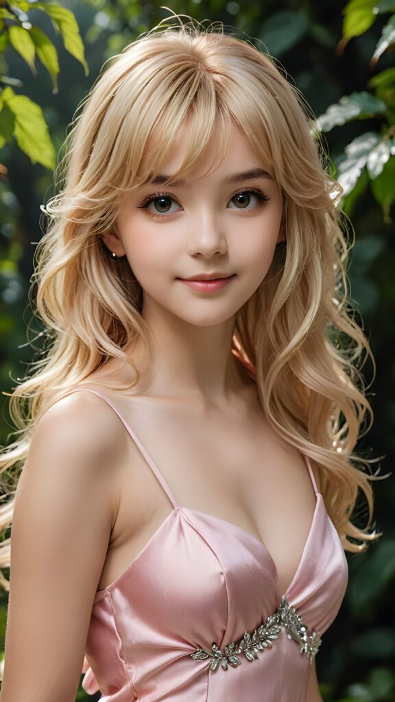 a (((small, young girl, 13 years old))), perfect body, her hair in (((long, jet soft blond hair, bangs cut))), with dark, striking eyes, exuding an air of innocence and cuteness, smile, joy, ((she wears a thin pink spaghetti sleeveless dress)), her features are sharply defined, with full lips and an ethereal beauty reflective of an angelic visage, against a green natural backdrop