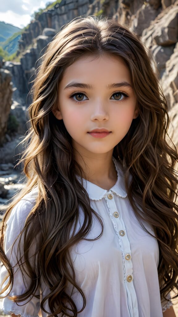 a (((small, young girl, 13 years old))), her hair in (((long, wavy locks))), with dark, striking eyes, exuding an air of innocence and cuteness. Her features are sharply defined, with full lips and an ethereal beauty reflective of an angelic visage. In the background, a (quarry) with its distinctive contours and stone walls provides a beautifully contrasting backdrop