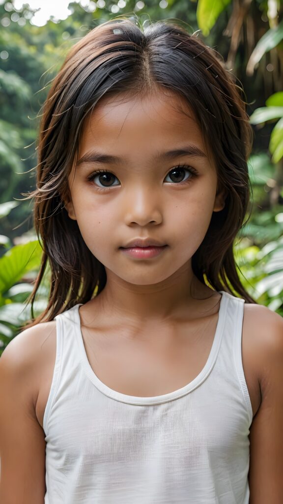 a (((small, young Indonesian girl, 13 years old))), with dark, striking eyes, exuding an air of innocence and cuteness, long hair, she wears a short white tank top, her features are sharply defined, with full lips