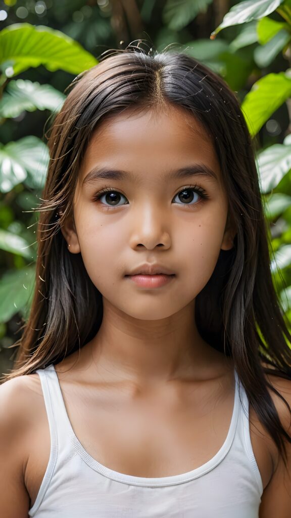 a (((small, young Indonesian girl, 13 years old))), with dark, striking eyes, exuding an air of innocence and cuteness, long hair, she wears a short white tank top, her features are sharply defined, with full lips