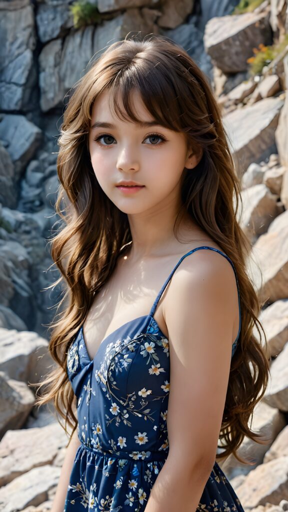 a (((small, young girl, 13 years old))), perfect body, her hair in (((long, wavy locks, bangs cut))), with dark, striking eyes, exuding an air of innocence and cuteness, she wears a blue floral sleeveless dress, her features are sharply defined, with full lips and an ethereal beauty reflective of an angelic visage. In the background, a (quarry) with its distinctive contours and stone walls provides a beautifully contrasting backdrop