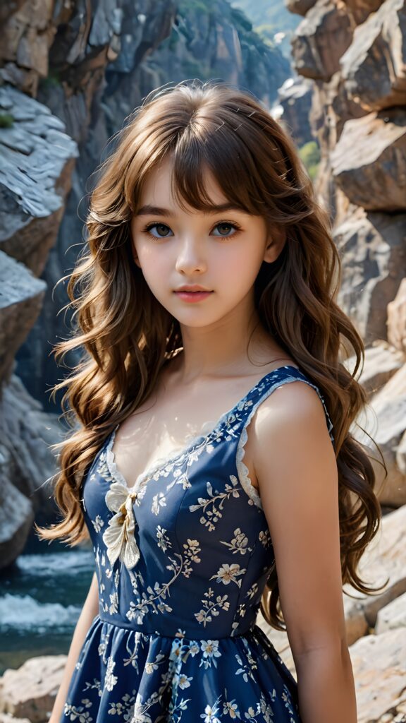 a (((small, young girl, 13 years old))), perfect body, her hair in (((long, wavy locks, bangs cut))), with dark, striking eyes, exuding an air of innocence and cuteness, she wears a blue floral sleeveless dress, her features are sharply defined, with full lips and an ethereal beauty reflective of an angelic visage. In the background, a (quarry) with its distinctive contours and stone walls provides a beautifully contrasting backdrop