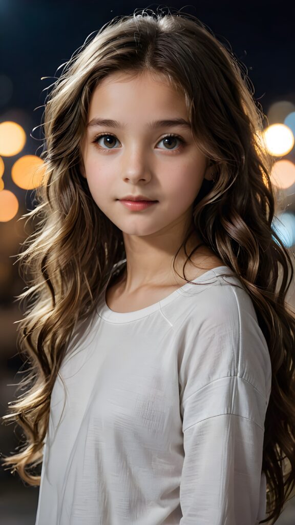 a (((small, young girl, 13 years old))), her hair in (((long, wavy locks))), with dark, striking eyes, exuding an air of innocence and cuteness, she wears a long, thin t-shirt, her features are sharply defined, with full lips and an ethereal beauty reflective of an angelic visage, against a dark backdrop in the night