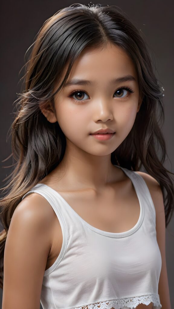 a (((small, young Indonesian girl, 13 years old))), with dark, striking eyes, exuding an air of innocence and cuteness, long hair, she wears a short white tank top, her features are sharply defined, with full lips