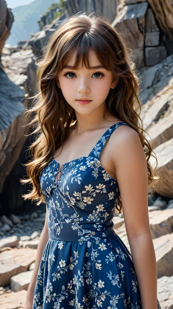 a (((small, young girl, 13 years old))), perfect body, her hair in (((long, wavy locks, bangs cut))), with dark, striking eyes, exuding an air of innocence and cuteness, she wears a blue floral sleeveless dress, her features are sharply defined, with full lips and an ethereal beauty reflective of an angelic visage. In the background, a (quarry) with its distinctive contours and stone walls provides a beautifully contrasting backdrop