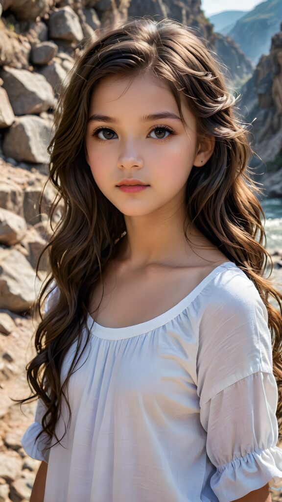 a (((small, young girl, 13 years old))), her hair in (((long, wavy locks))), with dark, striking eyes, exuding an air of innocence and cuteness. Her features are sharply defined, with full lips and an ethereal beauty reflective of an angelic visage. In the background, a (quarry) with its distinctive contours and stone walls provides a beautifully contrasting backdrop