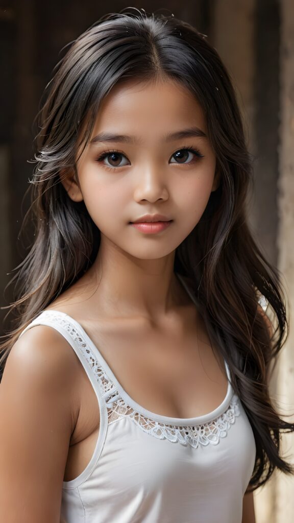 a (((small, young Indonesian girl, 13 years old))), with dark, striking eyes, exuding an air of innocence and cuteness, long hair, she wears a short white tank top, her features are sharply defined, with full lips