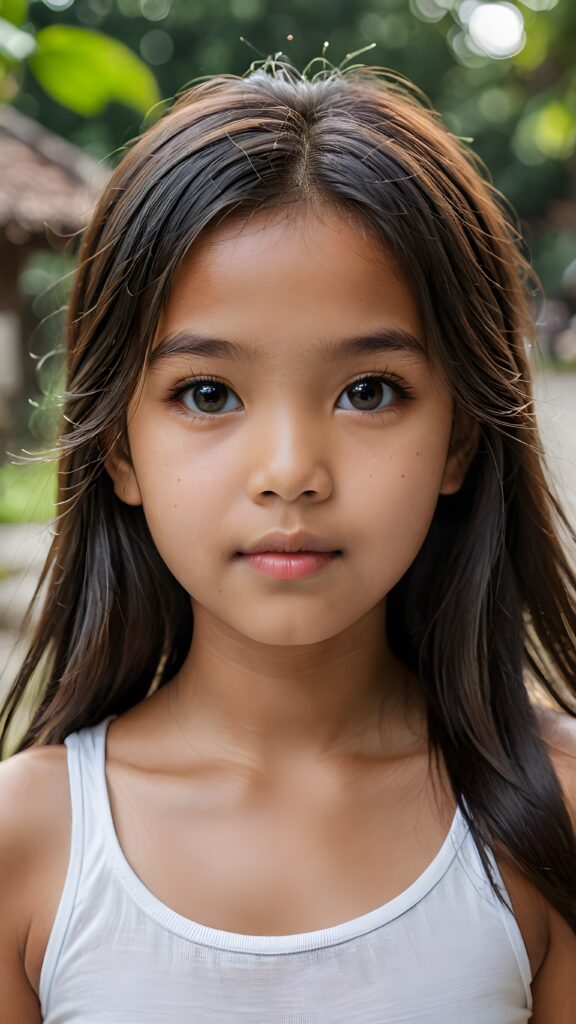 a (((small, young Indonesian girl, 13 years old))), with dark, striking eyes, exuding an air of innocence and cuteness, long hair, she wears a short white tank top, her features are sharply defined, with full lips