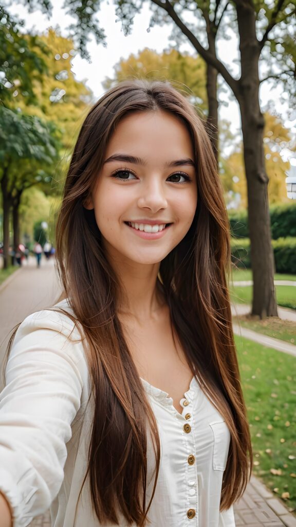 a smiling young girl with very long straight brown hair take a selfie in a parc