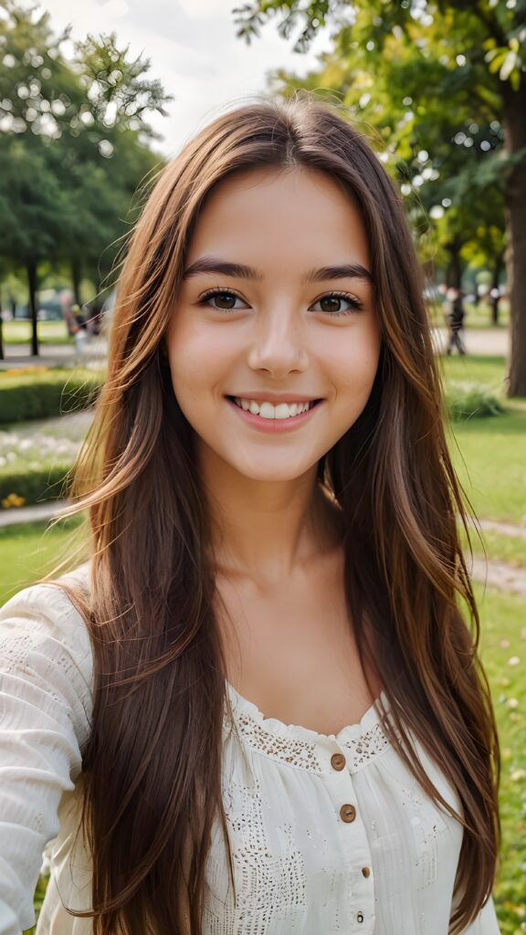 a smiling young girl with very long straight brown hair take a selfie in a parc