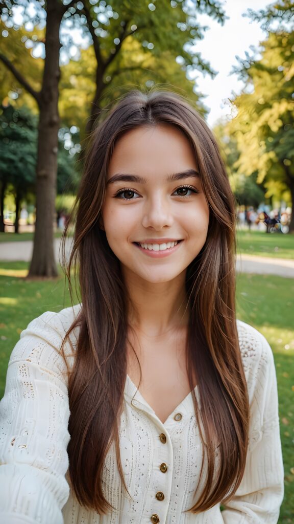 a smiling young girl with very long straight brown hair take a selfie in a parc