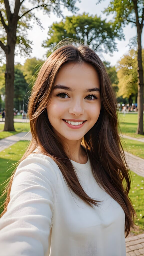 a smiling young girl with very long straight brown hair take a selfie in a parc