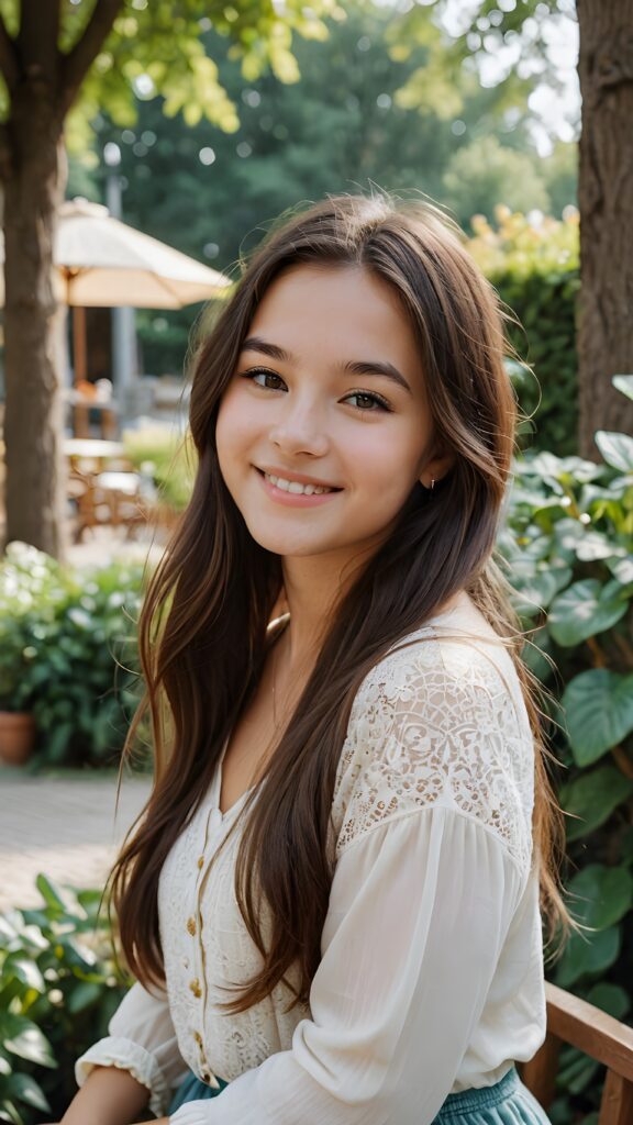 a smiling young girl with very long hair in a lovely place thinking about a dear friend