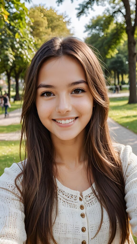 a smiling young girl with very long straight brown hair take a selfie in a parc