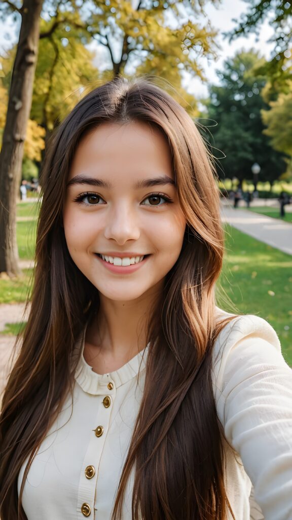 a smiling young girl with very long straight brown hair take a selfie in a parc