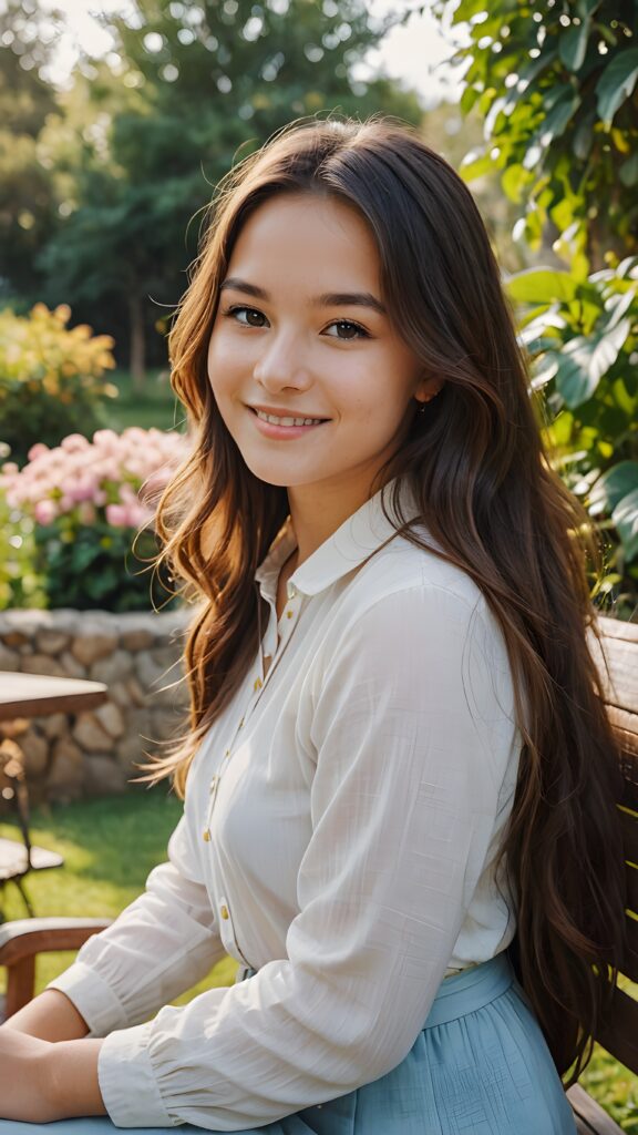 a smiling young girl with very long hair in a lovely place thinking about a dear friend