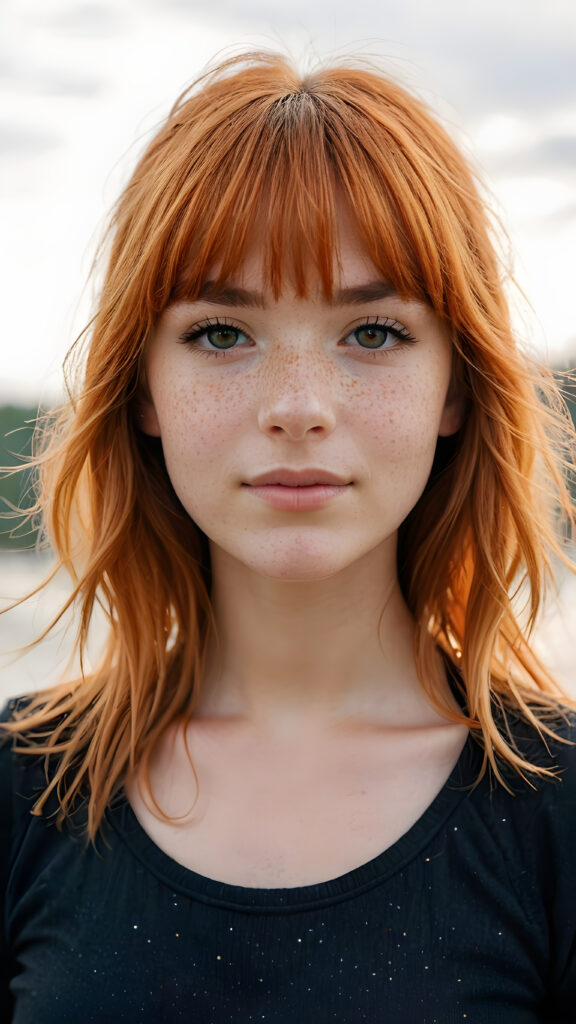 a (((softly beautiful young teen girl))), with skin that radiates a natural glow and intricate details like freckles and imperfections, ((straight soft orange hair in bangs cut)), dressed in a ((simple black outfit)) that complements her complexion ((white background))