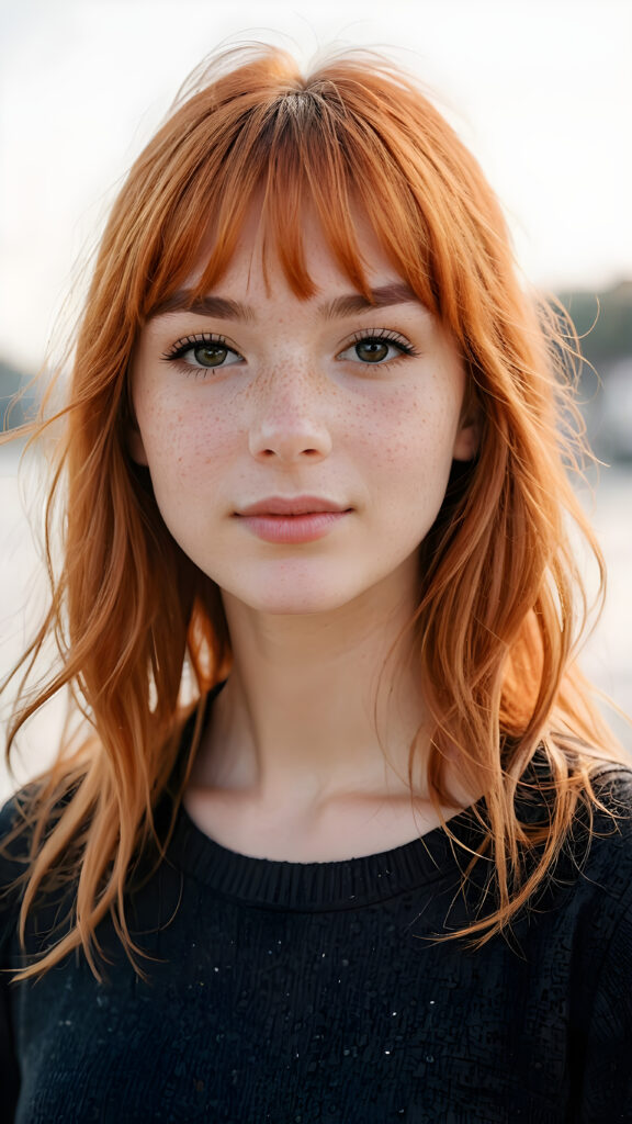 a (((softly beautiful young teen girl))), with skin that radiates a natural glow and intricate details like freckles and imperfections, ((straight soft orange hair in bangs cut)), dressed in a ((simple black outfit)) that complements her complexion ((white background))