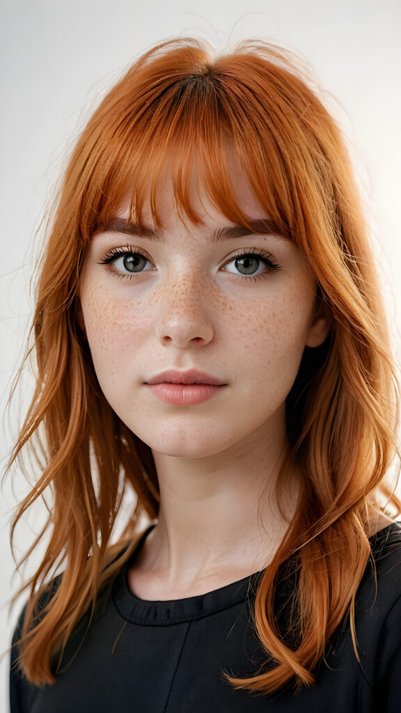 a (((softly beautiful young teen girl))), with skin that radiates a natural glow and intricate details like freckles and imperfections, ((straight soft orange hair in bangs cut)), dressed in a ((simple black outfit)) that complements her complexion ((white background))