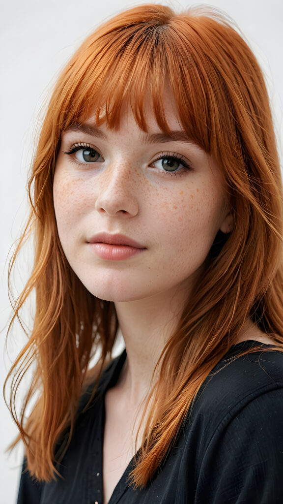 a (((softly beautiful young teen girl))), with skin that radiates a natural glow and intricate details like freckles and imperfections, ((straight soft orange hair in bangs cut)), dressed in a ((simple black outfit)) that complements her complexion ((white background))