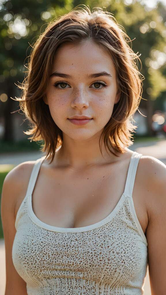 a (((softly beautiful young busty teen girl))), with skin that radiates a natural glow and intricate details like freckles and imperfections, dressed in a ((simple, warm-toned tank top)) that complements her complexion with a perfect curved body