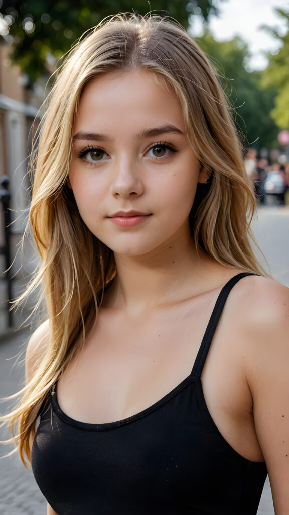 a sophisticated (((intimately posing young teen girl))) with flowing, extremely long straight blond hair, beautiful big (hazelnut eyes), dangerously short elegant black tank top