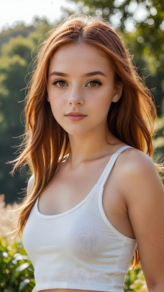 a sophisticated (((intimately posing young teen girl with perfect fit body))) with flowing, soft long straight red hair, beautiful big (amber eyes), super short white crop sport tank top, ((natural sunny backdrop))